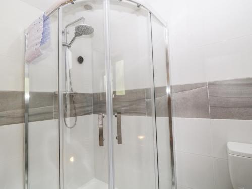 W łazience znajduje się przeszklony prysznic i toaleta. w obiekcie Elvan Cottage w mieście Liskeard