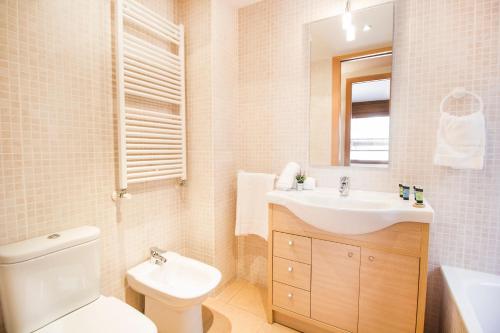 a bathroom with a sink and a toilet and a mirror at Apartaments Les Terrasses del Tarter in El Tarter