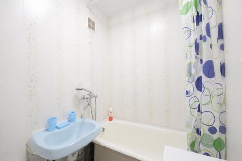 baño con lavabo y cortina de ducha en Presnensky Val Apartment, en Moscú