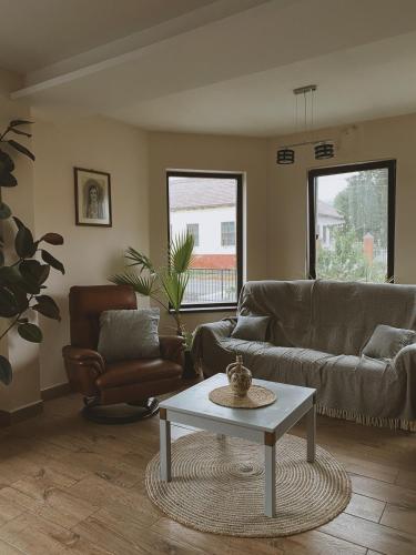 a living room with a couch and a coffee table at Pensiunea Aurelia in Şiria