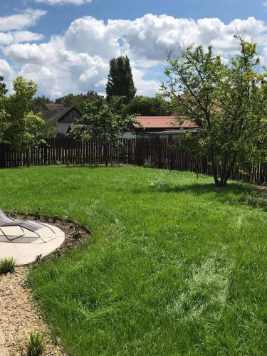 a yard with green grass and a fence at Hunyadi Panzió-Apartman in Makó