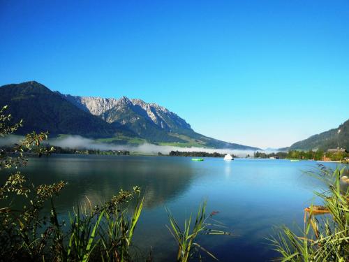 a view of a lake with mountains in the background at Haus Kurz Matthäus in Walchsee