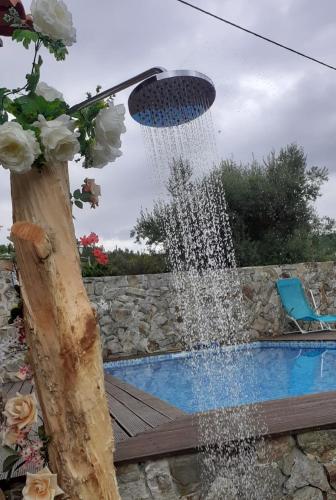 a water fountain in front of a swimming pool at Casa do Trapo in Abrantes