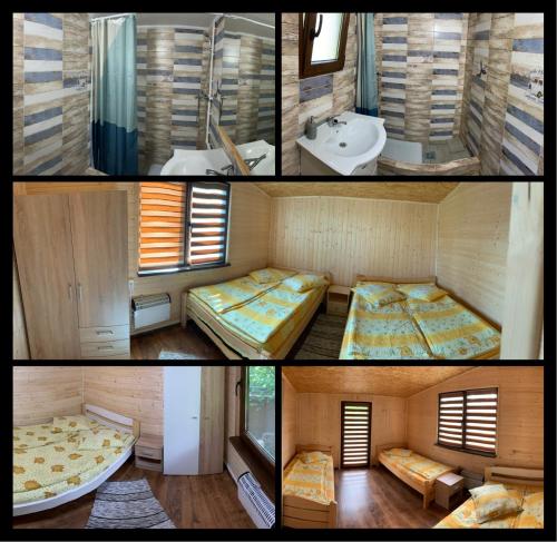 three pictures of a room with two beds and a bathroom at Sárkánytanya-Hanul Dragonului in Sicasău