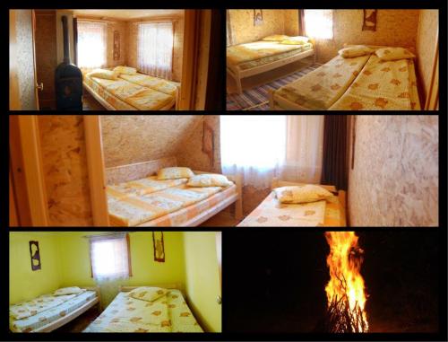 two pictures of a room with two beds and a fire at Sárkánytanya-Hanul Dragonului in Sicasău