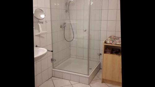 デッゲンハウザータールにあるHermannshöhe Fewo 4のバスルーム(ガラスドア付きのシャワー付)