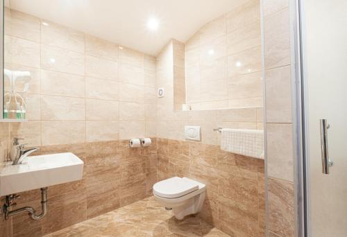 uma casa de banho com um WC, um lavatório e um chuveiro em Hotel U Císaře em Mirošovice