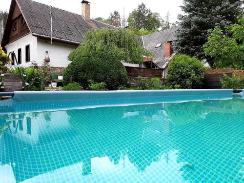a person in a swimming pool in front of a house at Chaloupka u lesa in Borotín