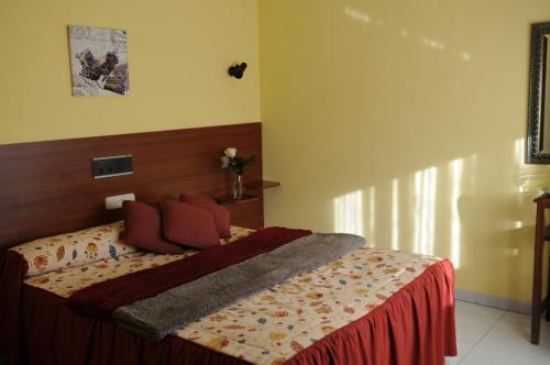 a bedroom with a bed with red pillows on it at Hotel Garcas in Lavacolla