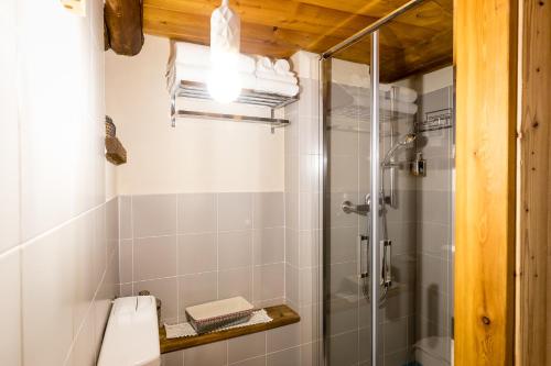 a bathroom with a shower with a glass door at Revivre Village Adults only in Champorcher