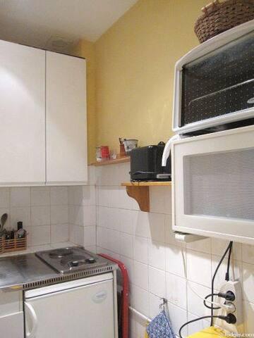 une cuisine avec un micro-ondes et une cuisinière dans l'établissement appartement Paris bohème, à Paris
