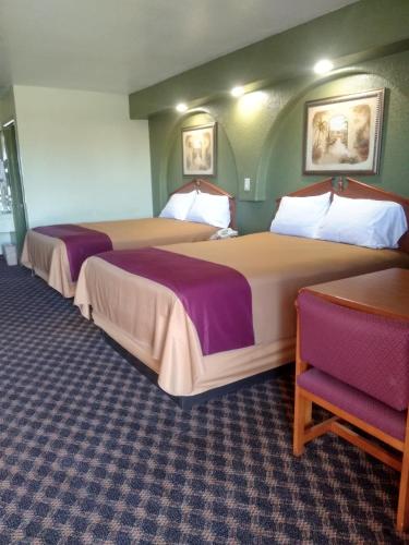 two beds in a room with purple and white at Budget Inn San Antonio Downtown I-10 East in San Antonio