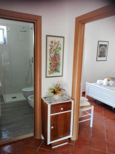 a bathroom with a shower and a sink and a toilet at Il Corbezzolo in Matera