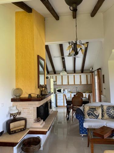 a living room with a couch and a fireplace at Villa Riverside in Platána