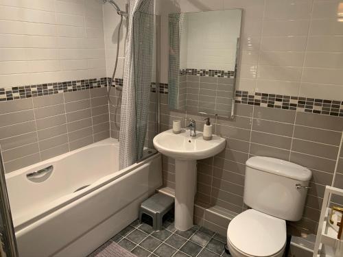 uma casa de banho com um lavatório, um WC e uma banheira em Brada View Bamburgh em Bamburgh