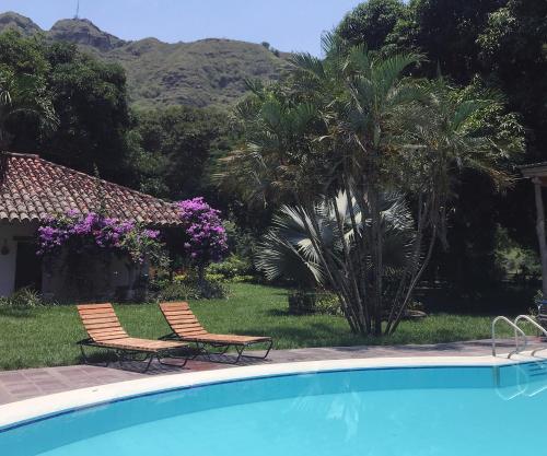 a pool with two chairs and a palm tree at Waka Hotel Rural in Honda