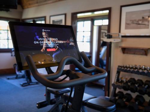 a computer monitor sitting on a table in a gym at UCLA Lake Arrowhead Lodge in Lake Arrowhead