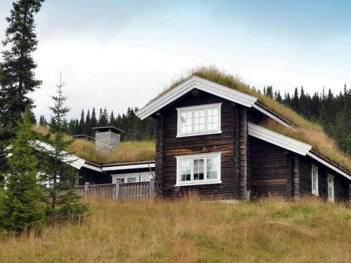 a log cabin with a grass roof on a hill at 12 person holiday home in F vang in Tromsnes