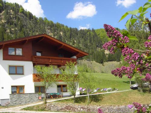 a house in the mountains with purple flowers at Ferienhof Auerhof in Walchsee