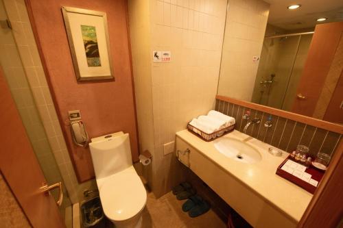 a bathroom with a toilet and a sink and a mirror at Huangshan Leaf Spring Resort Hotel in Huangshan City