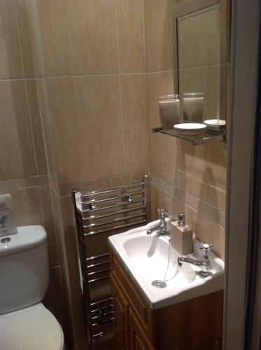 a bathroom with a sink and a toilet and a mirror at Heathfield Bed and Breakfast in Whitby