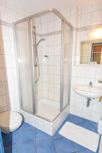 a bathroom with a shower and a toilet and a sink at Sporthotel Neuburg in Neuburg an der Donau