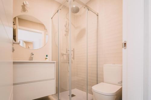 een badkamer met een douche en een toilet bij Apartamentos Rúa Vella in Caldas de Reis