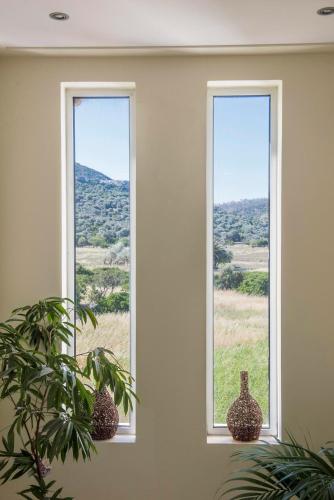 two windows with vases in a room with a plant at Almiriki Chios Rooms & Apartments in Líthion