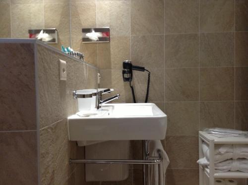 a bathroom with a white sink and a mirror at Auberge du Raisin in Cully