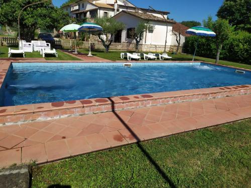 una piscina en un patio con sillas y sombrillas en B&B La Staffa, en Aquino