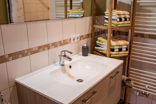 La salle de bains est pourvue d'un lavabo, d'un miroir et de serviettes. dans l'établissement Südhof Döbbrick - Ferienhof für Familienurlaub, à Cottbus