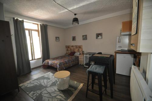 a small living room with a bed and a kitchen at Beaublache Résidence studios meublés in Grenoble