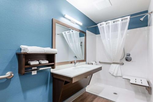 a bathroom with a sink and a mirror at WoodSpring Suites Indianapolis Airport South in Indianapolis