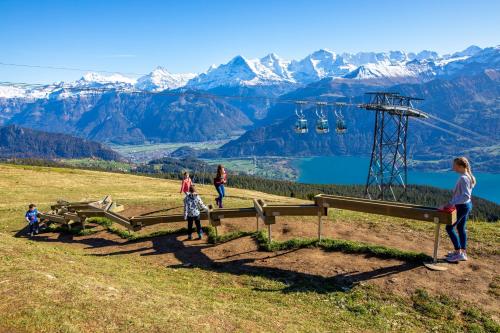a group of people standing on a hill with a ski lift at Berghaus Niederhorn in Beatenberg
