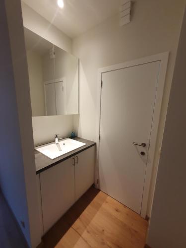 a bathroom with a sink and a mirror and a door at Brussels North - Pajot Apartments in Wemmel