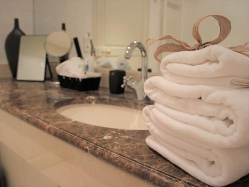 La salle de bains est pourvue d'un lavabo et de serviettes. dans l'établissement Chambre d'hotes Les Rives de la Tronne, à Mer