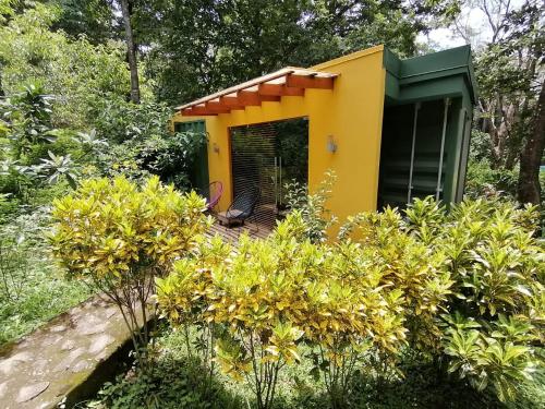 a small yellow house in the middle of a garden at Casa Rural Aroma de Campo in Curubandé