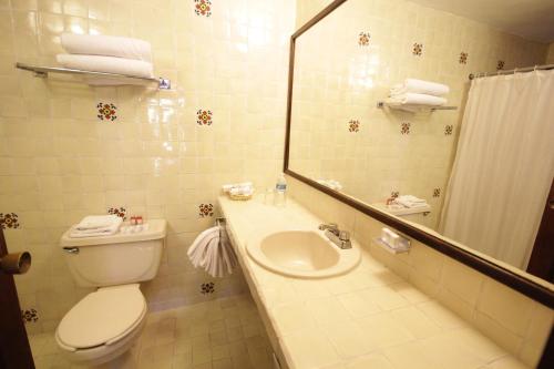 a bathroom with a toilet and a sink and a mirror at Hotel Casa Mexicana in San Cristóbal de Las Casas