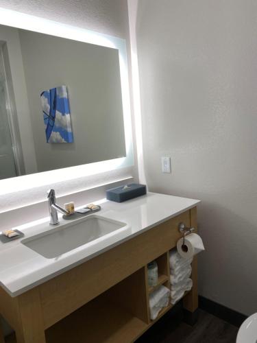 a bathroom with a sink and a large mirror at La Quinta Inn & Suites by Wyndham Wisconsin Dells- Lake Delton in Wisconsin Dells