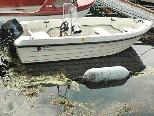 a boat sitting in the water with its reflection at 6 person holiday home in Farstad-By Traum in Farstad