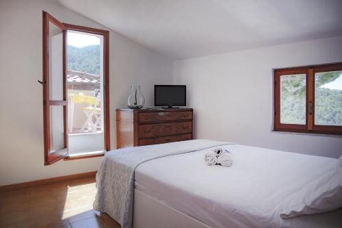 1 dormitorio con 1 cama, TV y ventana en Nonna Maria, en Moneglia