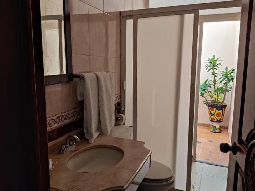 een badkamer met een wastafel en een toilet bij Hotel Casa La Gran Señora in Tequila