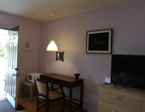 聖喬治的住宿－Motel Alexandrin，客厅配有桌子、电视和书桌