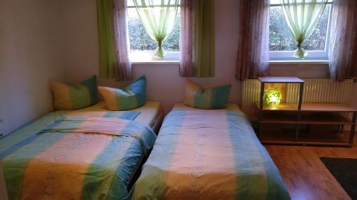 two beds in a room with two windows at Ferienwohnung Steinwald Ausläufer mit Blick auf Kösseine in Waldershof