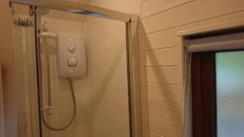 a shower in a bathroom next to a shower at Owl Hut Cosy Ensuite Pod Snowdonia Coast Sleeps 2 in Dolgellau