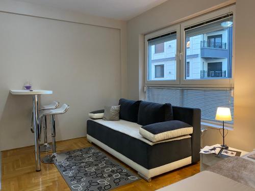 a living room with a couch and a window at Studio SM Kragujevac in Kragujevac
