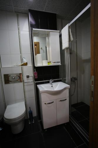a small bathroom with a toilet and a sink at Artist Rooms Suites in Istanbul