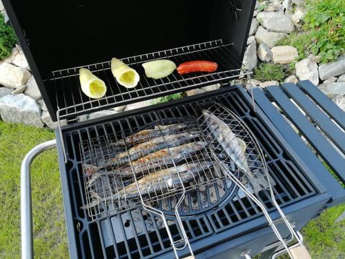 a grill with fish and vegetables on it at Vila U Parku in Jeseník
