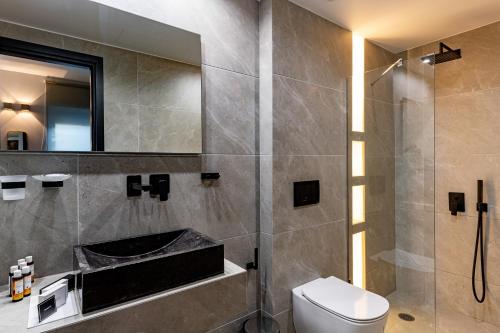 a bathroom with a toilet and a mirror at Anthemion Suites and Villas in Nafplio