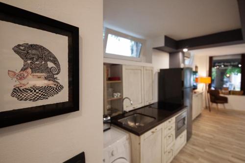 a kitchen with a painting of a cat on the wall at BED and BOOK hostel in Varna City